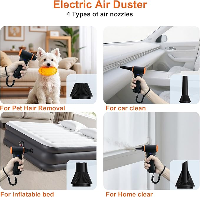 JUFINX X117 Compressed Air Duster-150000RPM Super Power Snow Blower, 3-Gear Adjustable Mini Blower with Fast Charging, Electric Air Duster for Leaves,Snow,Computer, Keyboard, House, Outdoor,and Car
