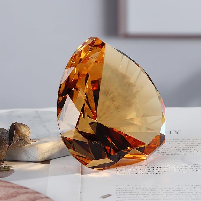 Amber Crystal Diamonds Paper Weights, Heart Shape Real Crystal Diamond Glass Gems Paperweight for Decoration 80mm, Big Diamonds Home Office Decor Valentine's Day Gift Wedding Favors with Gift Box