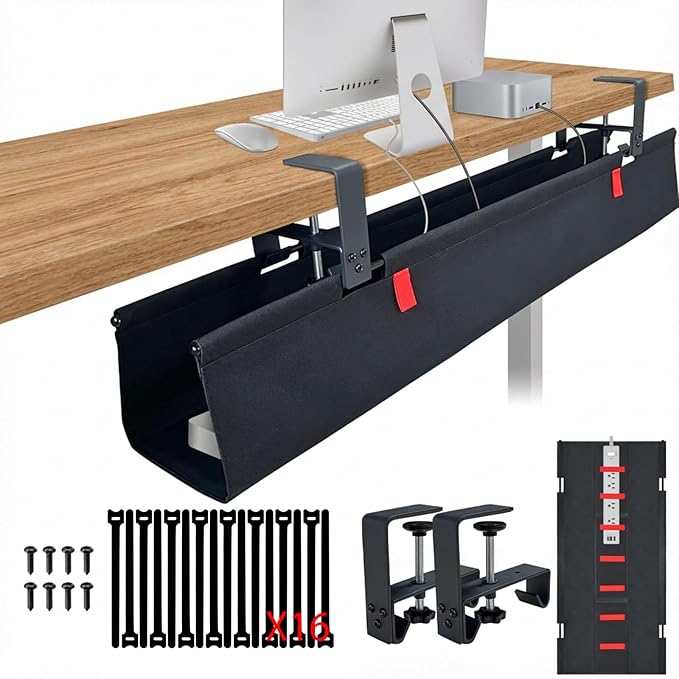 AHOMO,Under Desk Cable Management,No Drill 36",cord organizer,with Silicone Pads (No Scratch!)16 Cable Ties,Washable PE Honeycomb Base,Clamp/Screw Mount-Fits Any Desk 0-2.1",No Stinky Cardboard! Black