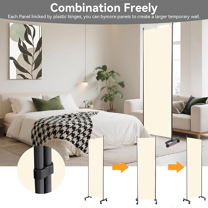 Room Divider(1 Panel-22in) Wall Divider for Room Separation, Portable Privacy Screens W/Wheels, Metal Frame Freestanding Room Separators 5.6FT Room Partitions and Dividers
