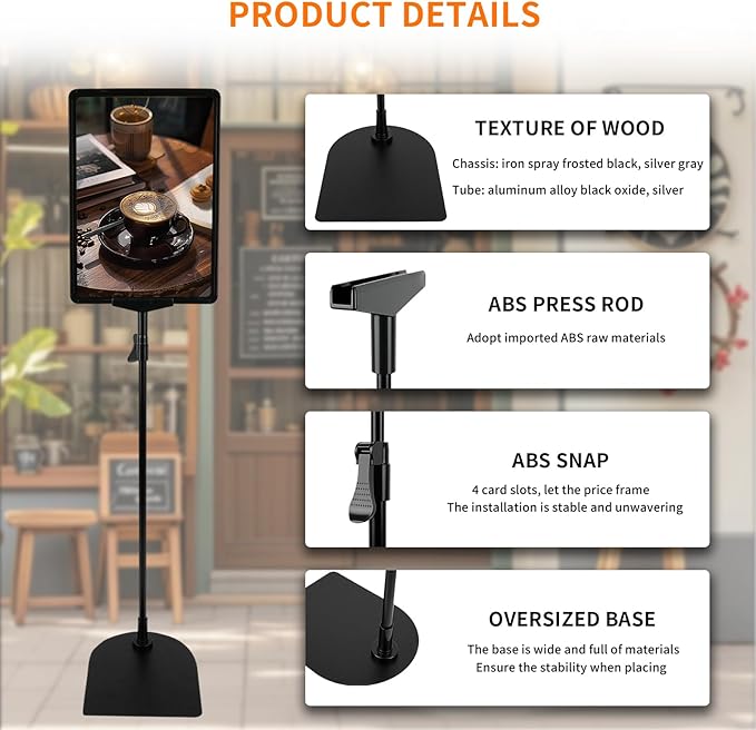 BBTEQEKN 12 Pcs Adjustable Poster Stand Holder, 8.5 x 11 Inch Vertical and Horizontal Sign Poster Stands, Floor Standing Display Sign Holder for Advertisement Menu Display, Black