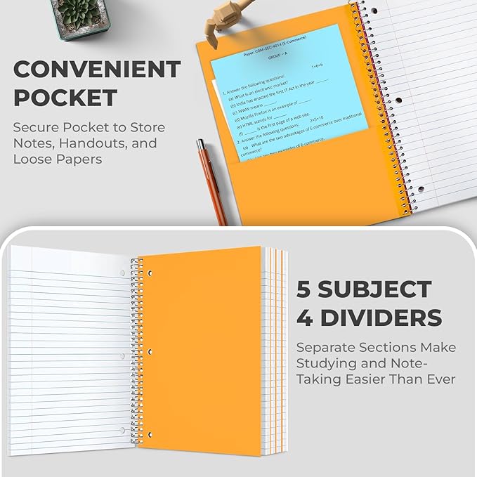 Rosmonde 24 Pack Spiral Notebook, 5 Subject, 300 Pages/Book (150 Sheets), Wide Ruled, 8 x 10-1/2, Office Spiral Notebooks, Bulk Subject Notebooks for School & Office, Soft Cover, Assorted Colors