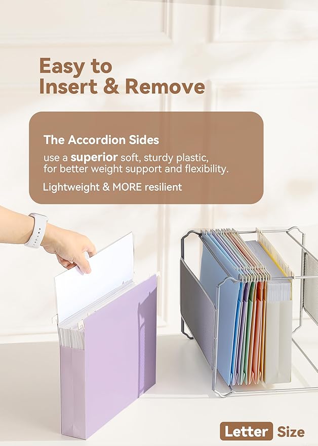SortRax Plastic Extra Capacity Hanging File Folders, 2" Pastel Expanding Pocket, Heavy Duty for Filing Cabinet, Insertable 1/5-Cut Tabs, Letter Size - 12 Pack