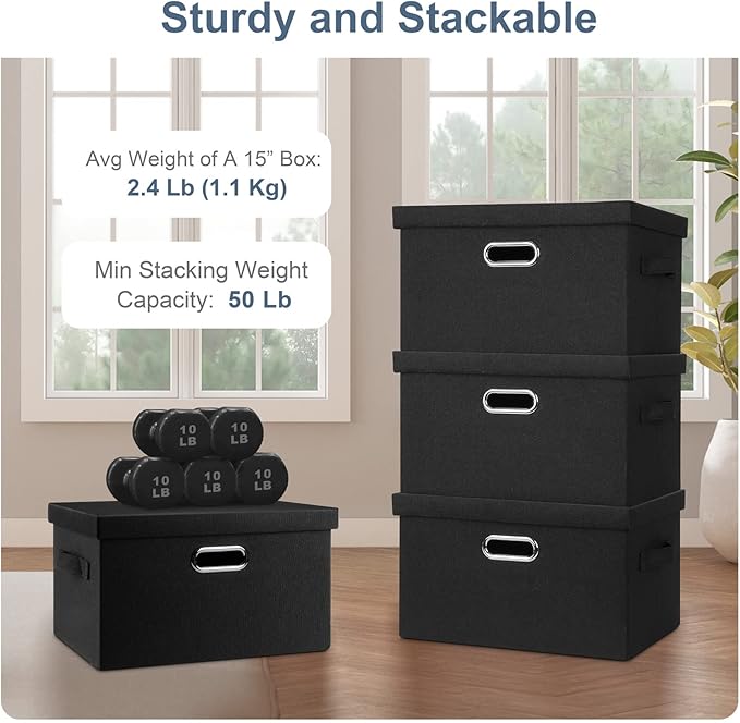 Graciadeco Medium 15" 21 Quart Collapsible Stackable Storage Bins with Lids, 1 Pack Black Foldable Fabric Closet Storage Boxes with Lids, 4 Handles Heavy-duty Linen Cube Baskets for Bedroom