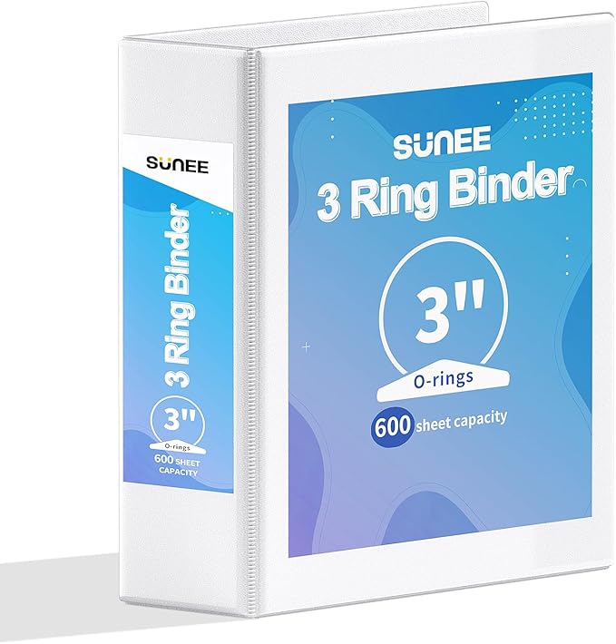 SUNEE 3 Ring Binder 3 Inch 1 Pack, Clear View Binder Three Ring PVC-Free (Fit 8.5x11 Inches) for School or Office Supplies, White