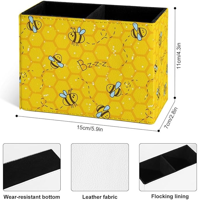 Famame Honeycomb Cute Bee Pencil Holder for Desk, Leather Desktop Container Pen Cup Storage Study Table Pen Organizer Makeup Brushes Holder for Office Home