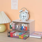 OSteed Desktop Drawers, Desk Organizer with 3 Drawers & Upright Handles, Stackable Plastic Storage Box for Home Collection, Cosmetics, Office Supplies (1 Tall Layer, White & Clear)