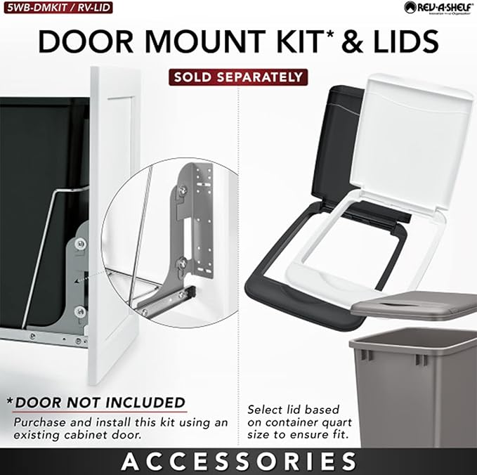 Rev-A-Shelf RV-18KD-13C-S Double Pullout Trash Can for Kitchen Cabinets 35 Quart Garbage Recycling Bin on Full Extension Slides, Gray