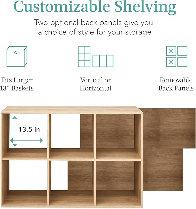 Best Choice Products 6-Cube Storage Organizer, 13.5in Shelf Opening, Bookcase, Display Shelf, Customizable w/ 3 Removable Back Panels – Light Oak