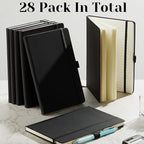 Laumoi 28 Pack PU Leather Lined Notebook Journal Bulk A5 Hardcover Notebook College Ruled 5.5 x 8.2 Inch Journal with Pen Holder for School Business Work Writing(Black,Simple)