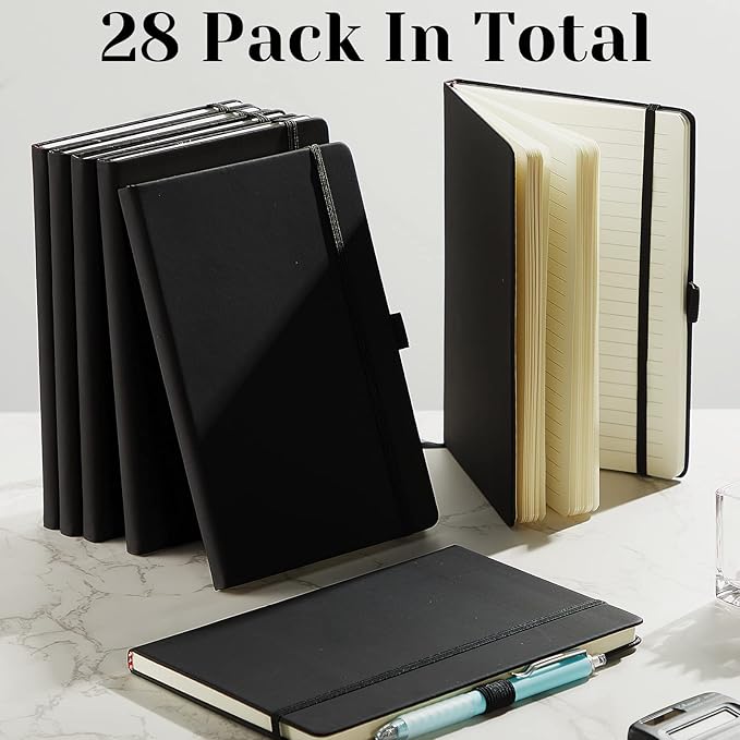 Laumoi 28 Pack PU Leather Lined Notebook Journal Bulk A5 Hardcover Notebook College Ruled 5.5 x 8.2 Inch Journal with Pen Holder for School Business Work Writing(Black,Simple)
