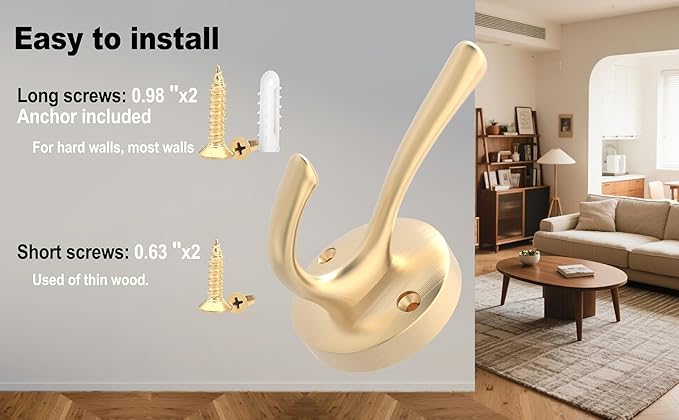 TOFIIGREM Gold Wall Hooks, 5 Pack Coat Robe Hook Heavy Duty Metal Double Bath Hook Wall Mounted, Hand Towel Hooks for Cubicle Bathroom Kitchen Closet Garage