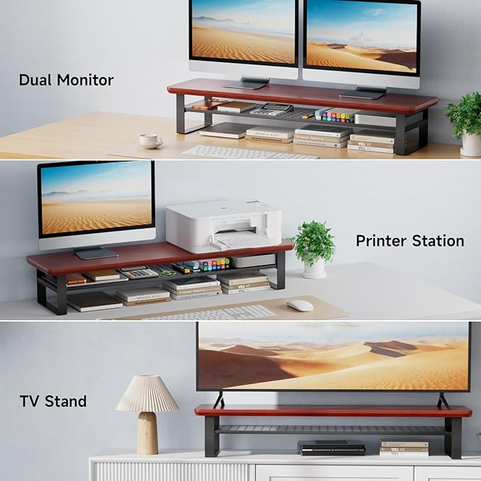NestNeat Dual Monitor Stand, 35.4 Inch Monitor Stand Riser for 2 Monitors, 2 Tiers Wood Desk Shelf with Storage, Desktop Organizer Stand for Computer, Laptop, Printer, TV (Reddish Brown, 35.4in)