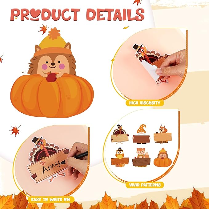 Henoyso 108 Pcs Fall Thanksgiving Themed Name Tags Labels Autumn Classroom Decorations Self Adhesive Baked Food Labels 5.12 x 4.72 Inches Turkey Pumpkin Desk Name Plate Autumn Party Favor