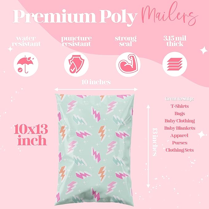 Pretty Package Store 10x13 Designer Poly Mailer 100 Pack Heavy Duty Waterproof Self Seal Shipping Bags for Small Business Large Mailing Envelopes Bulk Tear Resistant Cute Packaging Lightning Bolt