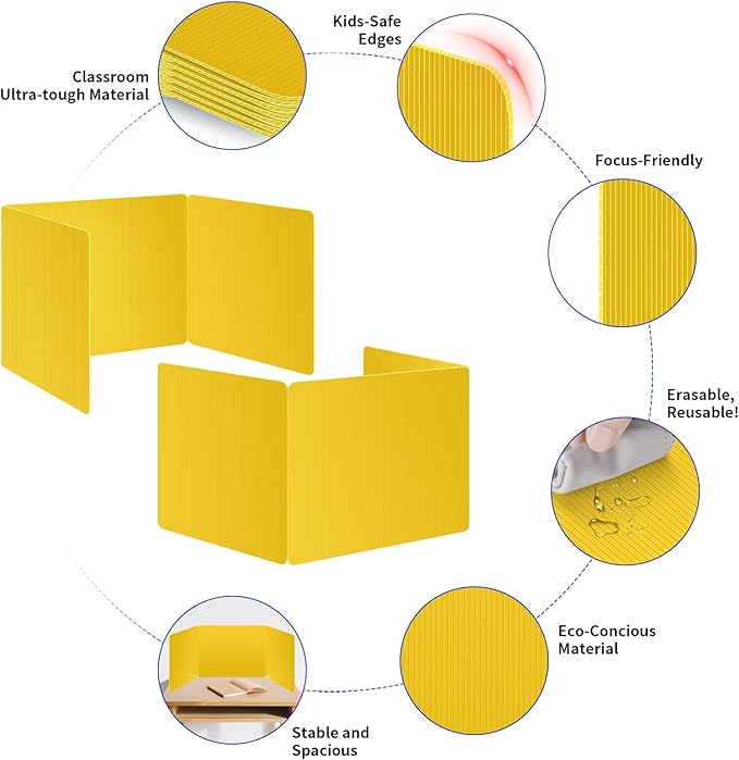 6 Pack Yellow Desk Dividers for Students, Privacy Shields Folder for Students, Durable & Waterproof Plastic Study Board, Classroom Teacher Supplies Test Divider, Includes Extra Labels