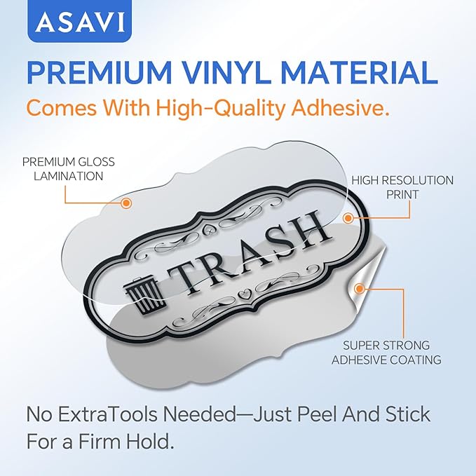 ASAVI Trash & Recycle Stickers – 2-Pack Self-Adhesive Vinyl Labels, Waterproof & Durable (Transparent Background with Black Text, Medium 6.3 x 2.7 inches)
