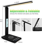 snsok Desk Lamp, Desk Light with Wireless Charger, USB Charging Port, Dimmable Office Desk Lamp with Clock, Alarm, Date, Temperature, Foldable Table Lamp for Table Bedroom Bedside Office (Black PRO)