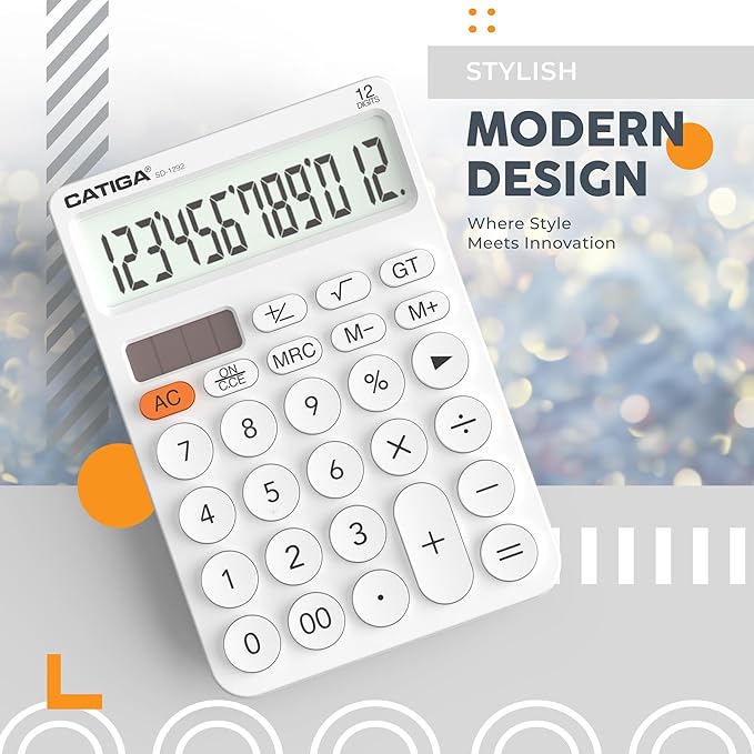 CATIGA 12 Digit Desktop Calculator Basic Desk Calculator with Large LCD Display, Big Buttons, 4 Function, Solar and Battery Dual Power, for Office, School, Home, SD-1292 White
