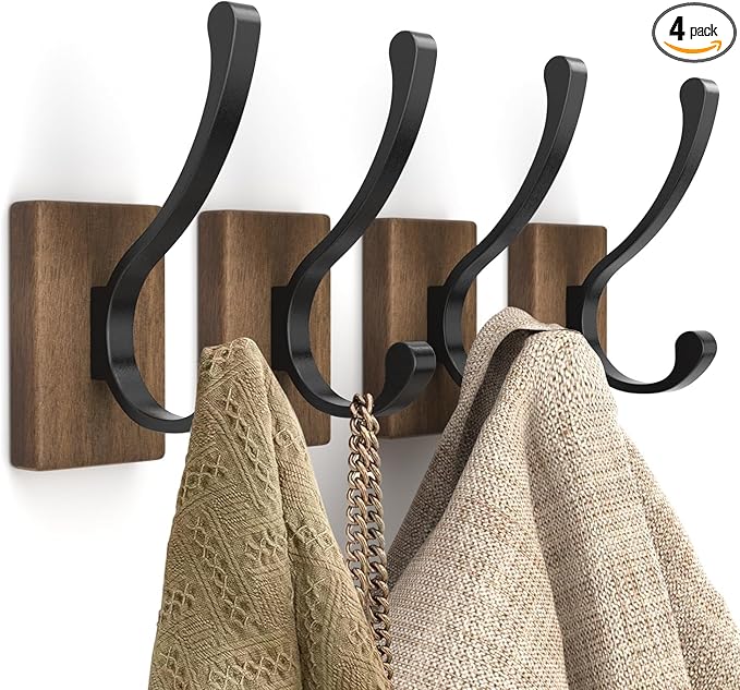 bussdis Wood Wall Hooks for Hanging - 4 Pack Hooks Wall Mounted, Wooden Rustic Farmhouse Heavy Duty Towel Hooks, Hooks for Coats, Towel, Hat, Keys, Purse, Bag and Robe