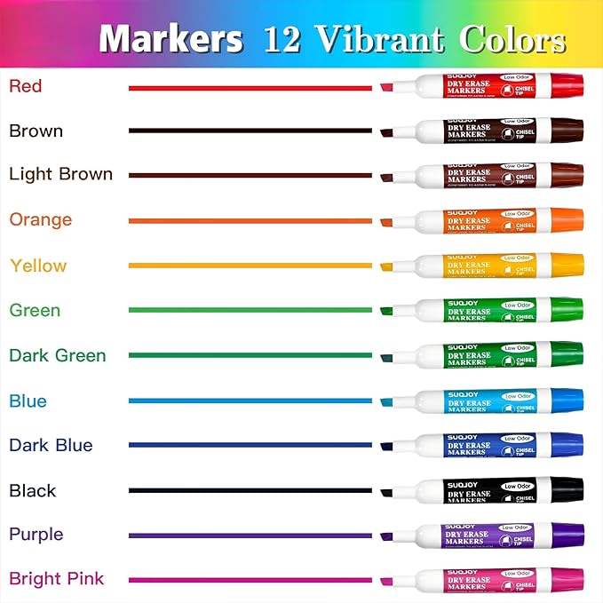 SUQJOY Dry Erase Markers, Chisel Tip Whiteboard Markers, Low Odor Thick Dry Marker, 12 Pack 12 Assorted Color Markers for Classroom, Office & Home Use