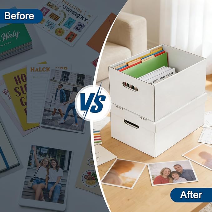4Pack Greeting Card Storage Box, Greeting Card Organizer Box with 20 Dividers Holds 600 Cards+, Large Capacity Greeting Card Holder with 4 Sticker Labels White Card Box for Postcards, Photos, Envelope