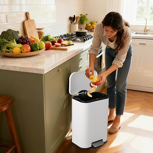 Takywep 5.2 Gallon Brushed Stainless Steel Trash Can with Soft-Close Lid, 3.2/5.3/8/13.2 Gallon Smudge-Resistant Compact Garbage Bin for Kitchen, Bathroom, Office - Black & White