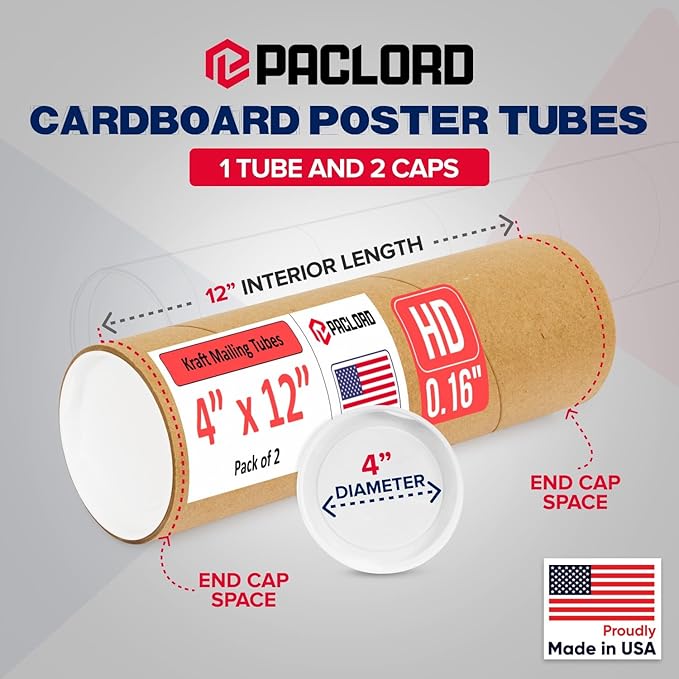 Paclord 4" x 12" Heavy-Duty Reinforced Cardboard Mailing Tube, Pack of 1 Tube with 2 Caps – Secure USPS Approved – Great for Shipping and Storing of Prints, Artwork, Posters or Documents