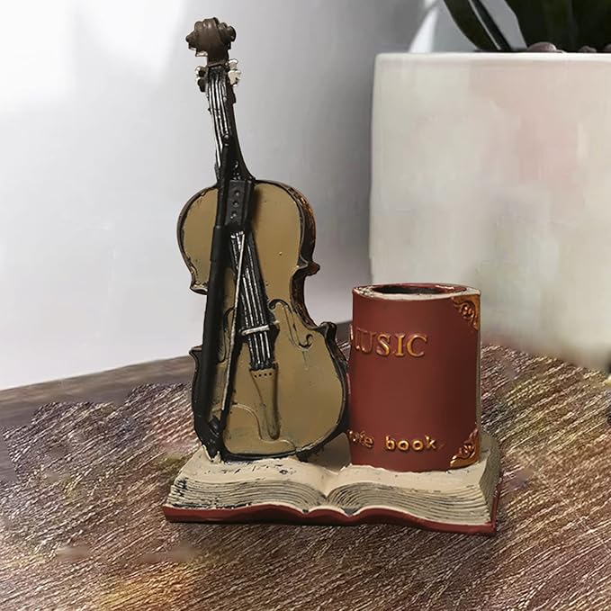 Jaugufiy Resin Violin Sculpture Pen Holder Pencil Holder Pen Organizer Cosmetic Brush Holder Decorative Pen Box Pen Pot Makeup Brush Pot (Red)
