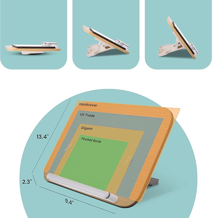 CataKenTika Wood Book Stand - Book Holder for Reading Hands Free, Foldable, Adjustable Book Display Stand, Cookbook Stand Portable, Lightweight Page Holder for Book Lovers, Cooks, Students 13.4"x9.4"