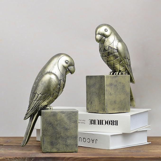 Kakizzy Gold Parrot Book Ends for Shelves,Vintage Bird Decorative Bookends,Resin Book Stopper for Books,Parrot Statue Gifts for Woman Home Office Bookshelf Decor,Unique Book Lover Gift