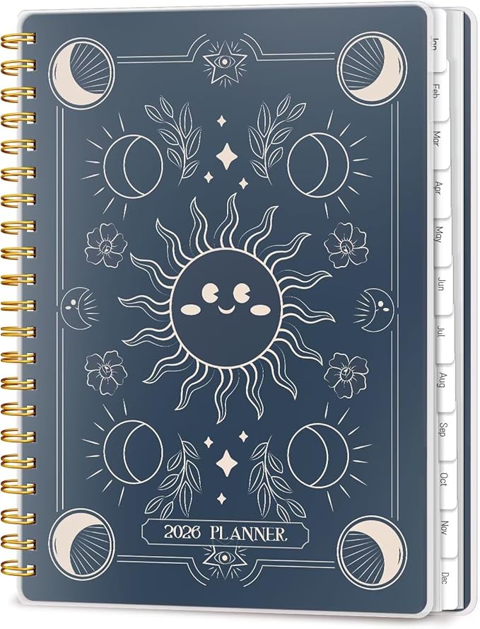 2026 Planner, Weekly and Monthly Planners with Tabs, A5 Spiral Bound Daily Calendar 2026 Planner, 12 Month Agenda Organizers from Jan. to Dec., Flexible Cover Appointment Book(Smill Sun)