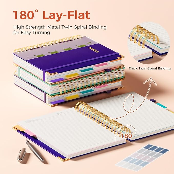 XYark Line Hardcover Spiral Notebook with Removable Dividers Tabs & Ruler, 5 Subject Notebook College Ruled, 300 Page, Large 8"x10" B5 Notebooks for Work School, Lined Journal for Women & Men, Purple