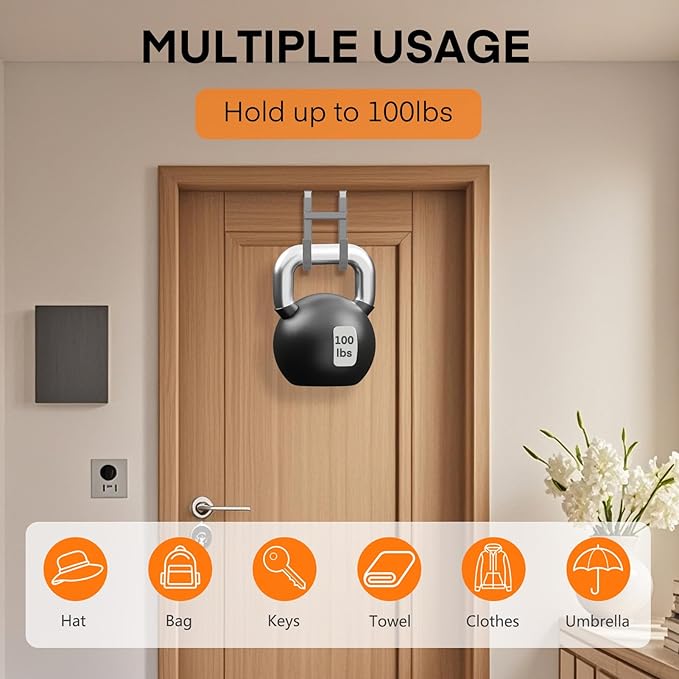 FYY Over The Door Hooks - 2 Pack Heavy Duty Dual-Hook Organizer Hanger with Non-Slip Rubber for Towels, Clothes, Hats & Bags Use in Bathroom, Bedroom, Kitchen - Fits Interior Doors Up to 1 3/8" Grey