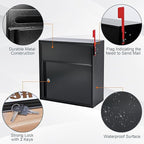 Large Wall Mount Mailbox with Lock and Outgoing Mail Flag for Outside, Steel Locking Security Mail Box with Number Stickers for House Outside, 14.8" x 6.9" x 15.4", Rainproof, Black