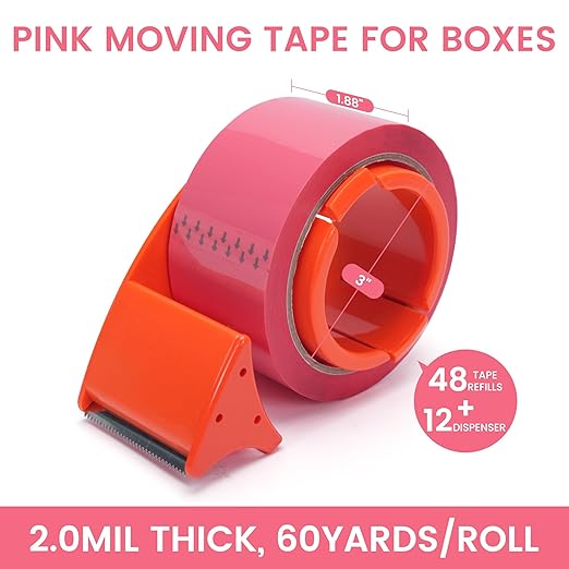 TAPEBEAR 48Rolls Pink Packing Tape with 12 Dispensers, 1.88 Inch x 60 Yards Packaging Tape Refills, Cute Decorative Moving Tape for Boxes, Shipping and Sealing