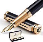 HDDNB Black Luxury Fountain Pen Set for Men and Women with Gift Box, 24K Gold Finish and Gilded Nib(Extra Fine) with 5 Black Ink Cartridges and Converter