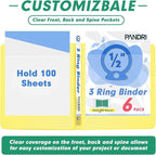 3 Ring Binder 0.5 Inch, PANDRI 6 Pack 1/2-Inch Binder Fits Letter Size 8.5'' x 11'' Paper, Versatile Binders for Office Home School, 2 Pockets, Assorted 6 Color
