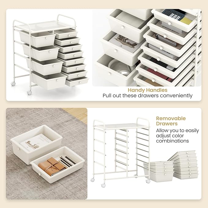 LDAILY 12 Drawer Rolling Storage Cart, Rolling Cart with Drawers for Classroom, Art Supply Craft Organizer on Wheel with Metal Frame & Handles for Home Office School (White, 12 Drawer Left-Right)