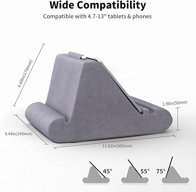 CreaDream Tablet Pillow Stand, Soft Pillow Pad for Lap, Tablet Holder Dock for Bed with 3 Viewing Angles, Pocket, Stylus Mount, Compatible with iPad Pro 13, 10.5, 9.7 Air, Mini, Galaxy Tab, E-Reader