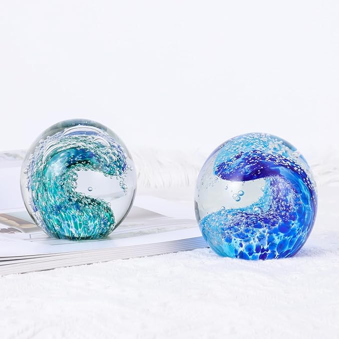 LCCCK Hand Blown Glass Ocean Waves Glass Ball Beach Office Decor, Blue Glass Paperweight Ideal Beach Decorations for Home, Suitability Seaside Villa Aquarium Ocean Lover's Gift