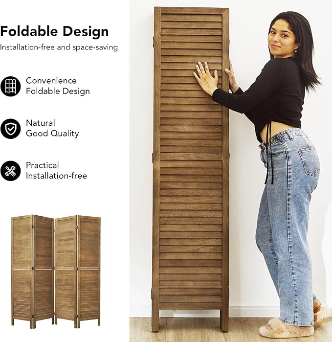 Room Partitions and Dividers, Temporary Wall with Double Hinges, 5.6 Ft Tall Folding Louver Wood Screen for Home Office Bedroom Hotel Decoration (4 Panels, Brown)