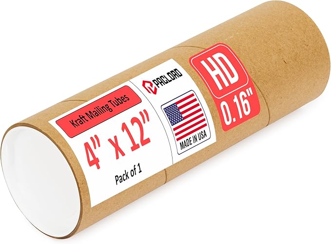 Paclord 4" x 12" Heavy-Duty Reinforced Cardboard Mailing Tube, Pack of 1 Tube with 2 Caps – Secure USPS Approved – Great for Shipping and Storing of Prints, Artwork, Posters or Documents
