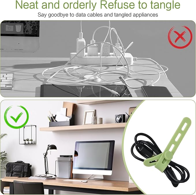 Donruby 24Pcs Silicone Cable Ties - Reusable & Washable with Locking Buckles, Adjustable Fastening Cable Management Straps, Multi-Purpose High Elasticity Cord Organizer (Matcha Green)