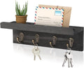 HRONRAD Rustic Key Holder for Wall, Farmhouse Wall Shelf with 4 Hooks, Wall Mounted Key Racks, Wooden Mail Organizer with Hooks for Entryway (Black - Pine)