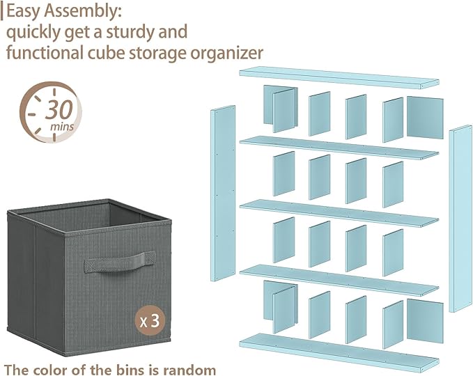 Sturdy Wooden Bookshelf with Storage Bins - 20-Cube Organizer, Multifunctional Cubicle Rack for Display & Storage, Living Room, Bedroom, Office, White