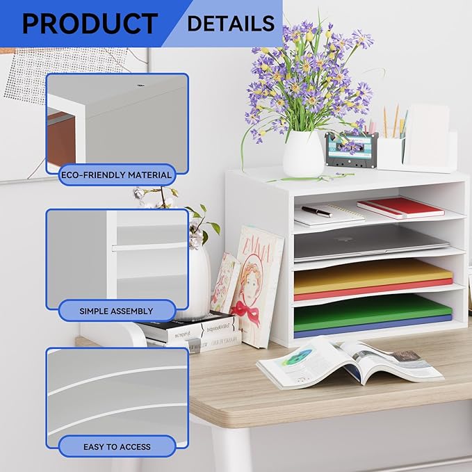 GDINDINFAN Wood Desktop Letter Tray File Organizer, Paper Storage Mail Sorter with 3 Adjustable Drawer Boards for Home and Office, White