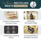 Terratur 4 Section Recycling Bin for Kitchen – Dual Trash and Recycle Bins for Paper, Plastic, Cans – Indoor Bamboo Recycling Organizer – Decorative Wooden Recycle Bins for Kitchen & Office