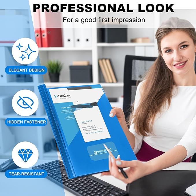 Teling 48 Pcs Clear Front Report Covers with 3 Prongs, Plastic Blue Presentation Folders Bulk with 3 Pockets for A4 and Letter Size Paper, 90 Sheet Capacity, Document Covers for School Business