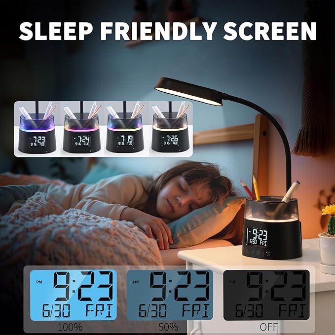 Led Desk Lamp for Home Office, Touch Table Lamp with USB Charging Port, 3 Color Modes Stepless Dimmable Reading Light, Gooseneck Lamp for Dorm Room, Bedside Study Light with Clock,Adapter Include